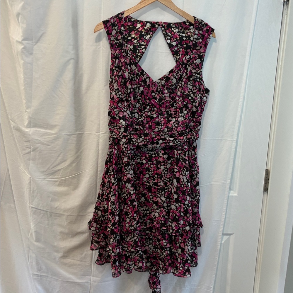 White House Black Market Black and Pink Floral Ruffle Midi Dress - Picture 14 of 15